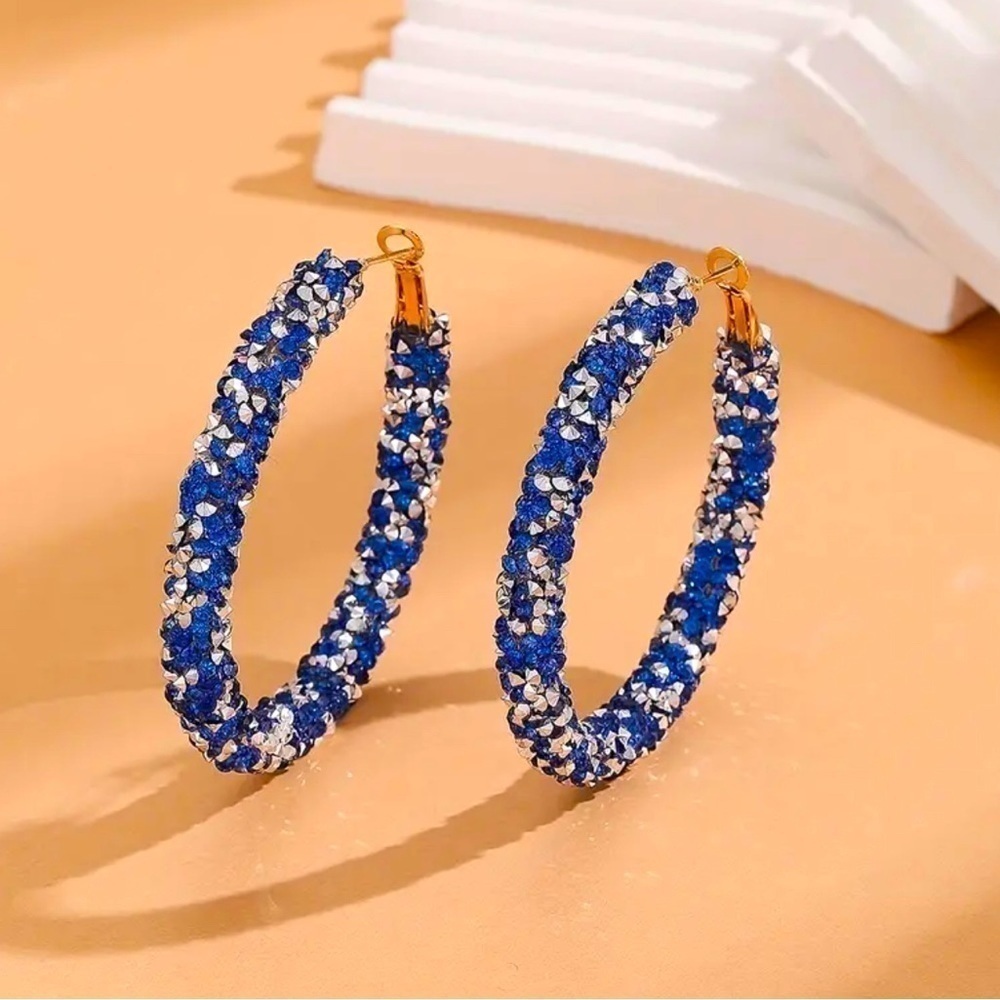 Blue and White Rhinestone Hoop Earrings